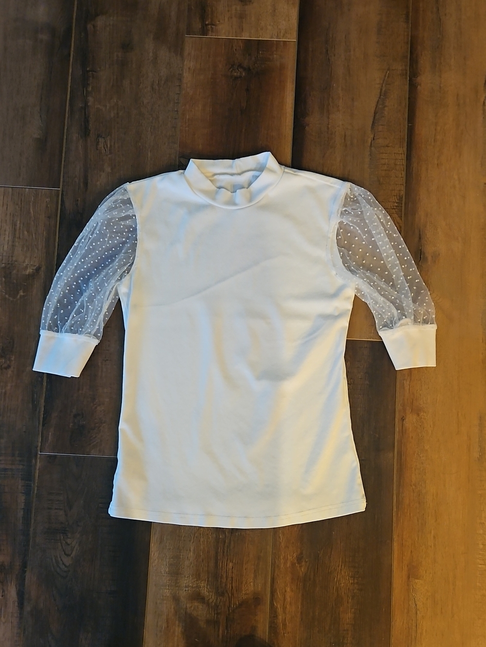 Chicwish White Mock Neck Top with Sheer Polka Dot Puff Sleeves